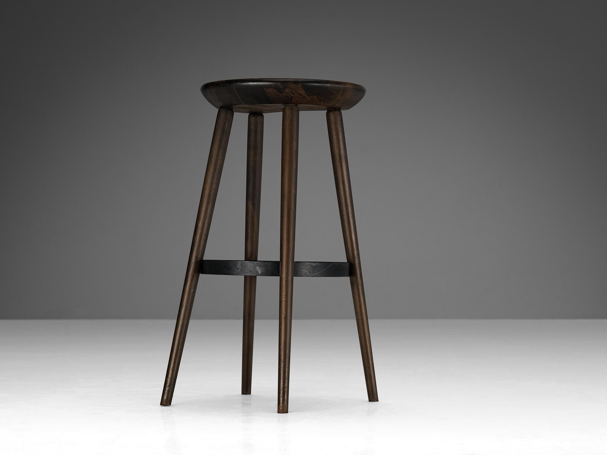 Brutalist Bar Stools in Darkened Wood and Steel Detailing