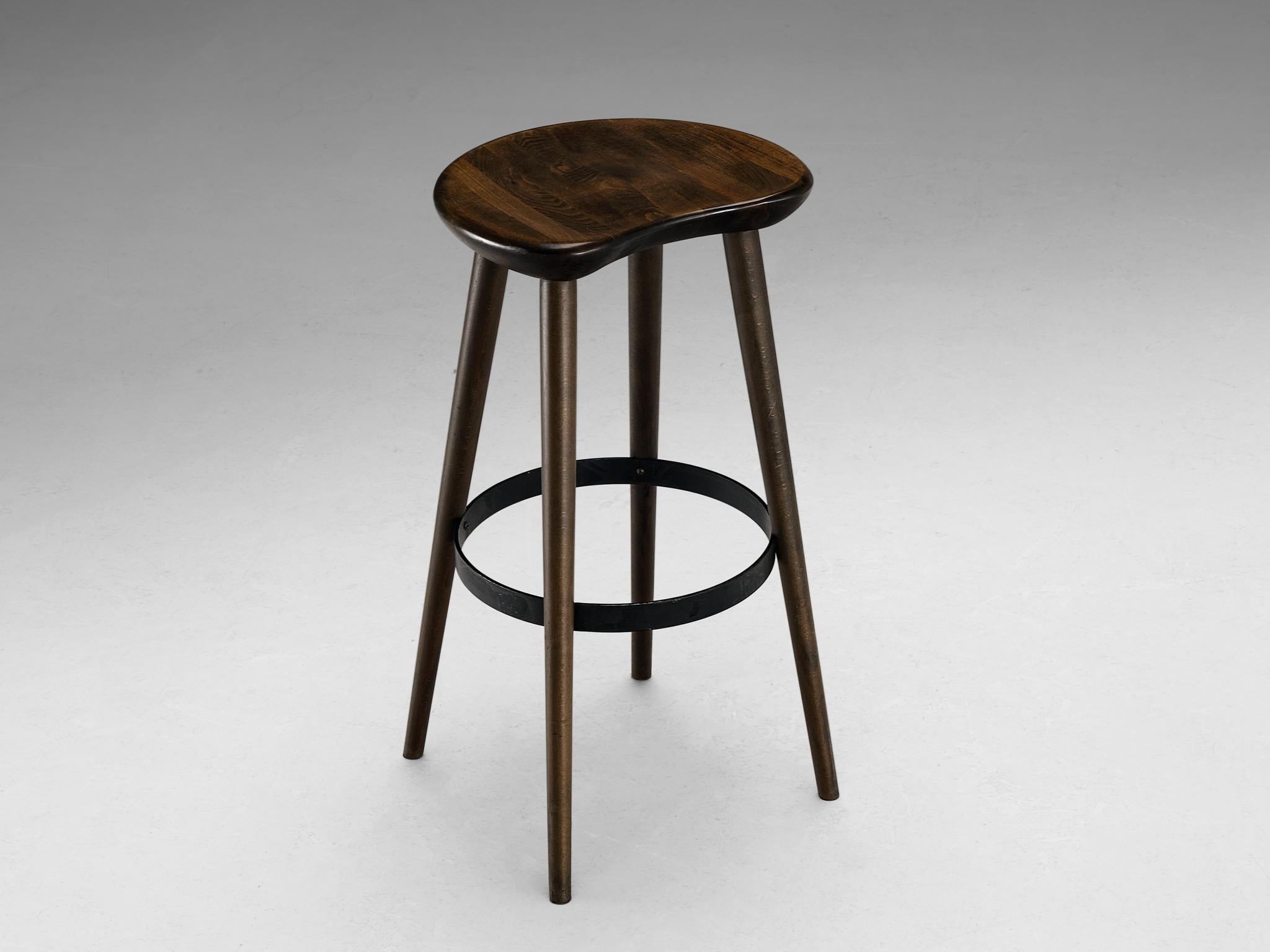 Brutalist Bar Stools in Darkened Wood and Steel Detailing