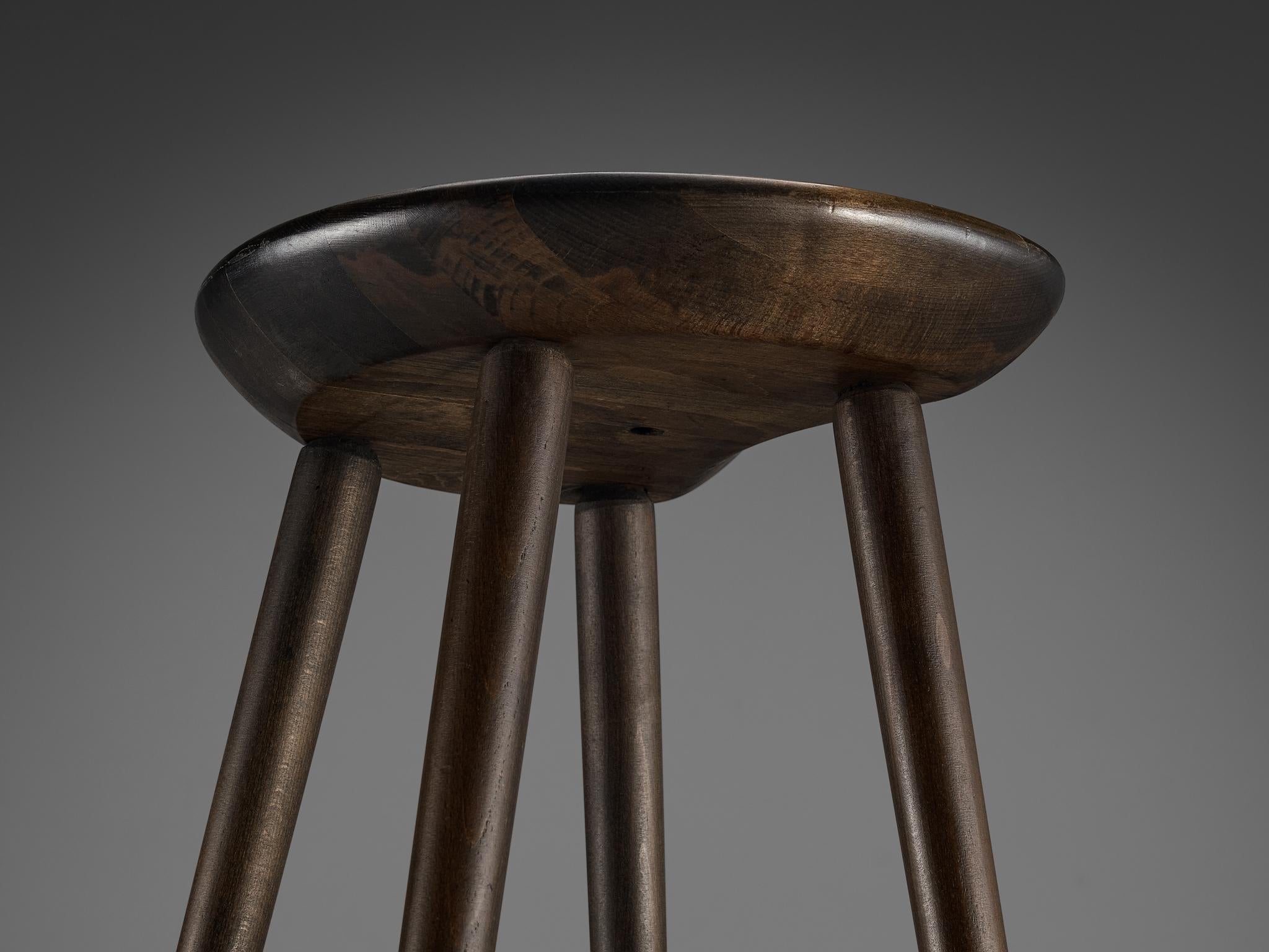 Brutalist Bar Stools in Darkened Wood and Steel Detailing