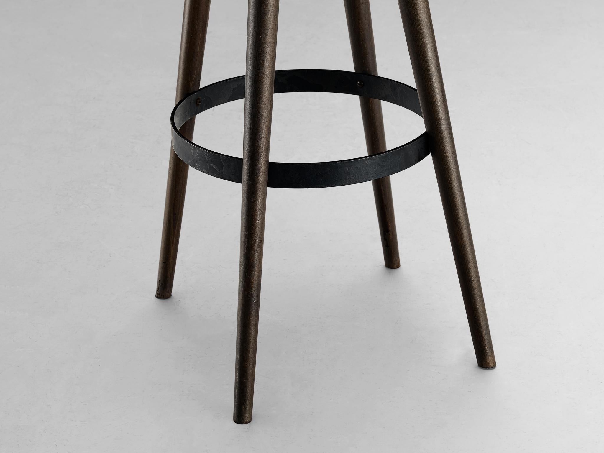 Brutalist Bar Stools in Darkened Wood and Steel Detailing