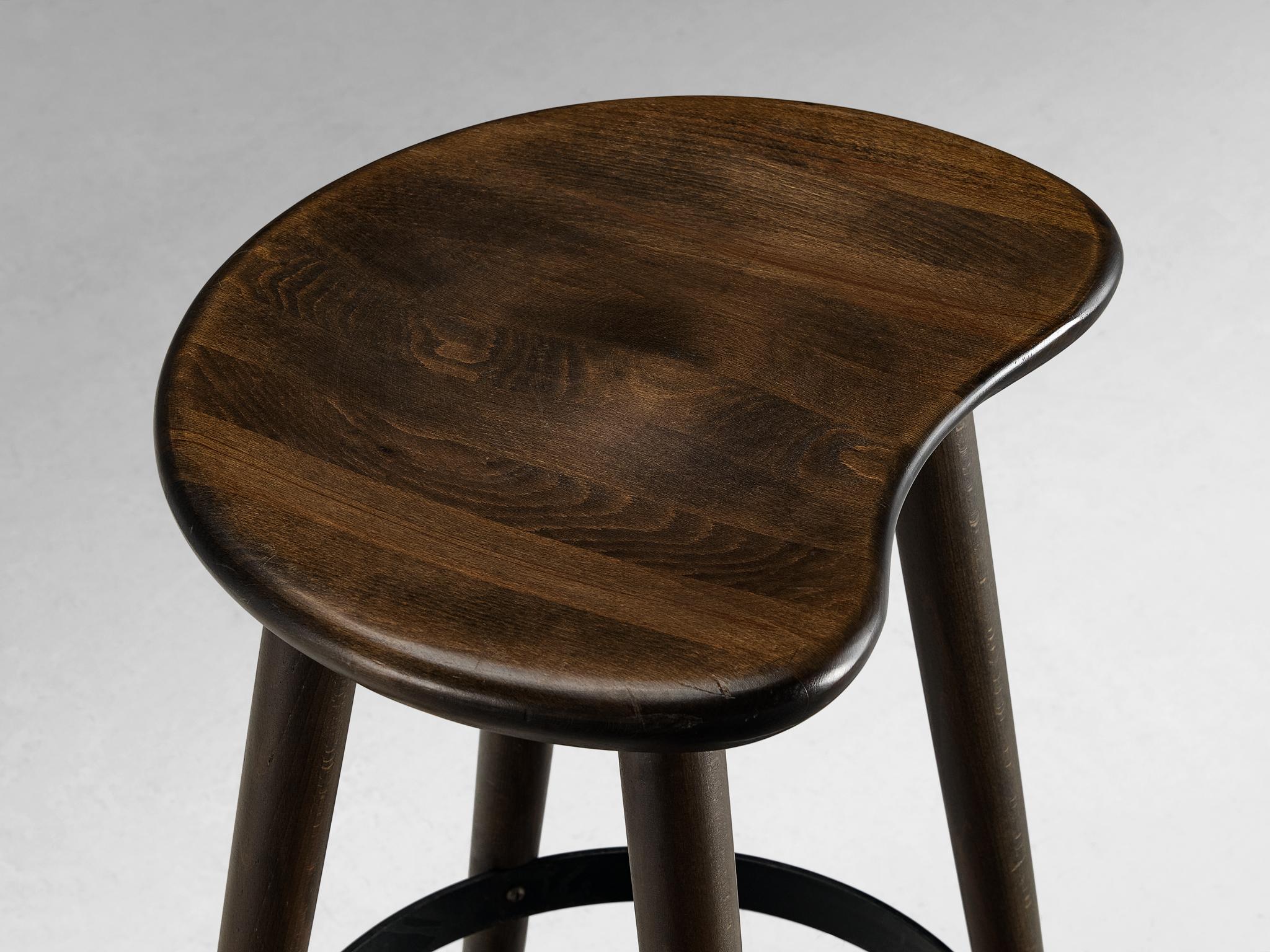 Brutalist Bar Stools in Darkened Wood and Steel Detailing