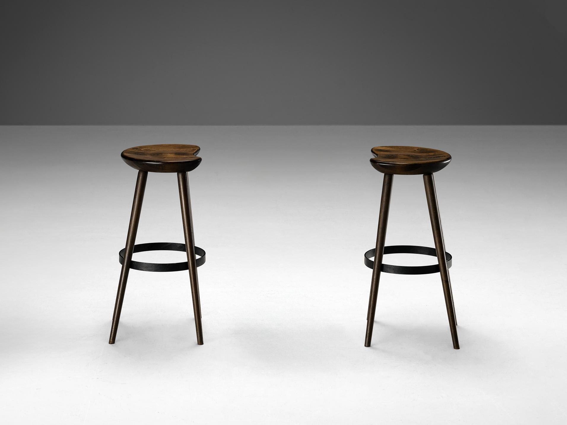 Brutalist Bar Stools in Darkened Wood and Steel Detailing