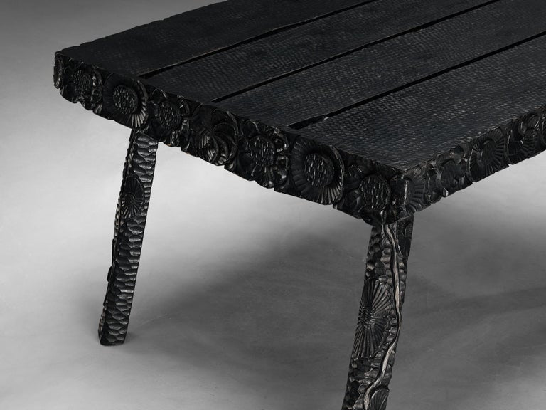 Sculptural Table in Black Lacquered Wood with Decorative Carvings