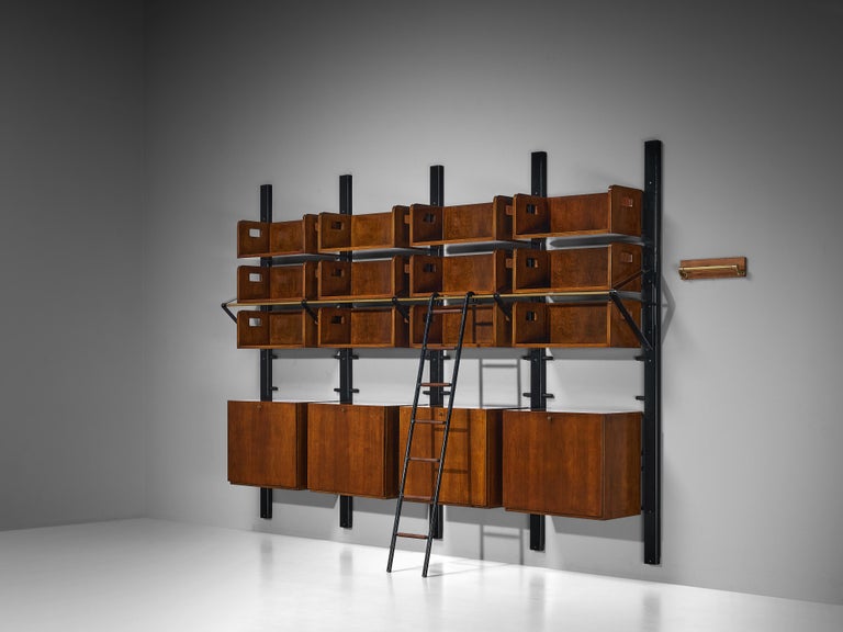 Italian Custom Wall Unit Bookcase with Ladder in Walnut and Iron