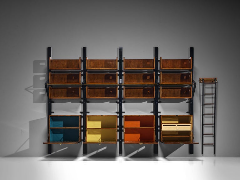 Italian Custom Wall Unit Bookcase with Ladder in Walnut and Iron