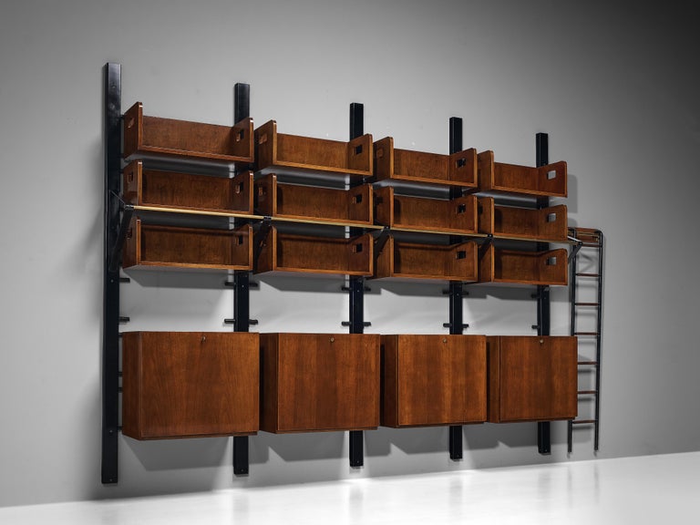 Italian Custom Wall Unit Bookcase with Ladder in Walnut and Iron