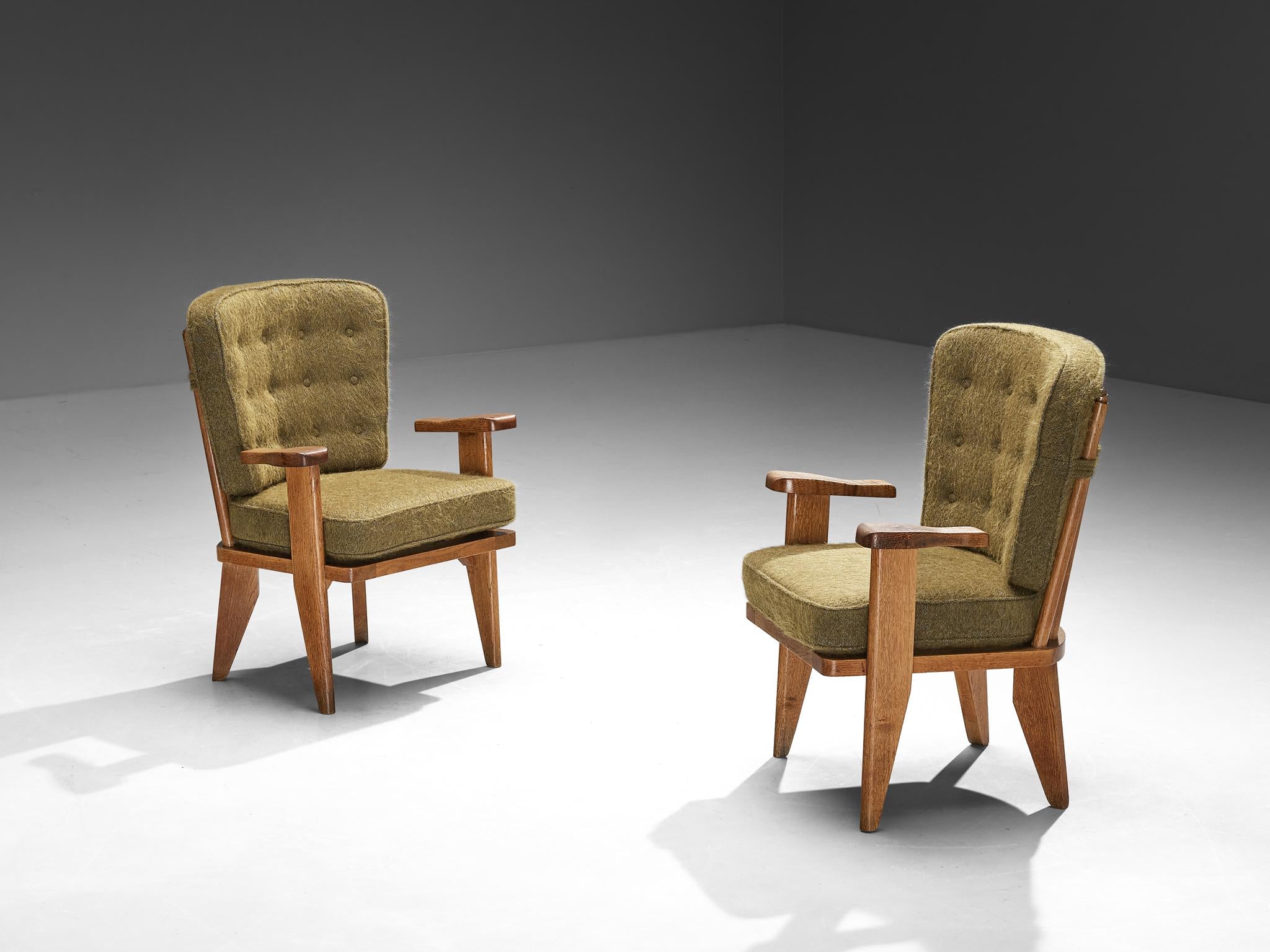 Guillerme & Chambron Pair of 'Catherine' Lounge Chairs in Oak and Wool