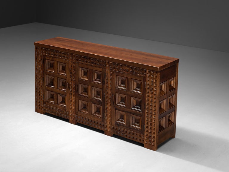 Spanish Brutalist Sideboard with Sophisticated Carvings in Walnut