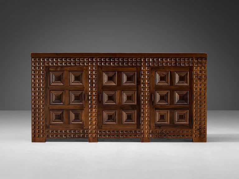 Spanish Brutalist Sideboard with Sophisticated Carvings in Walnut