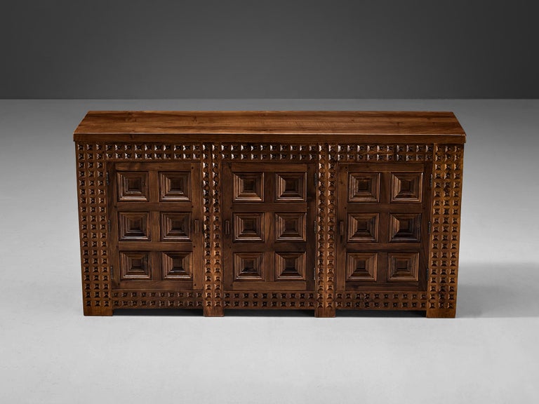 Spanish Brutalist Sideboard with Sophisticated Carvings in Walnut