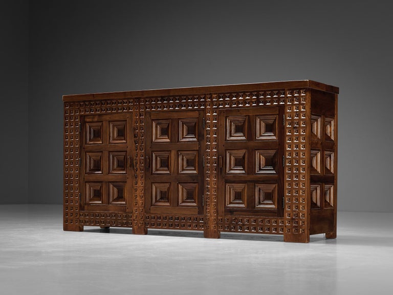 Spanish Brutalist Sideboard with Sophisticated Carvings in Walnut