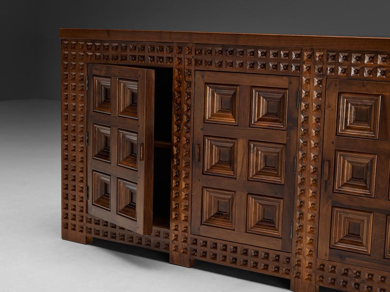 Spanish Brutalist Sideboard with Sophisticated Carvings in Walnut