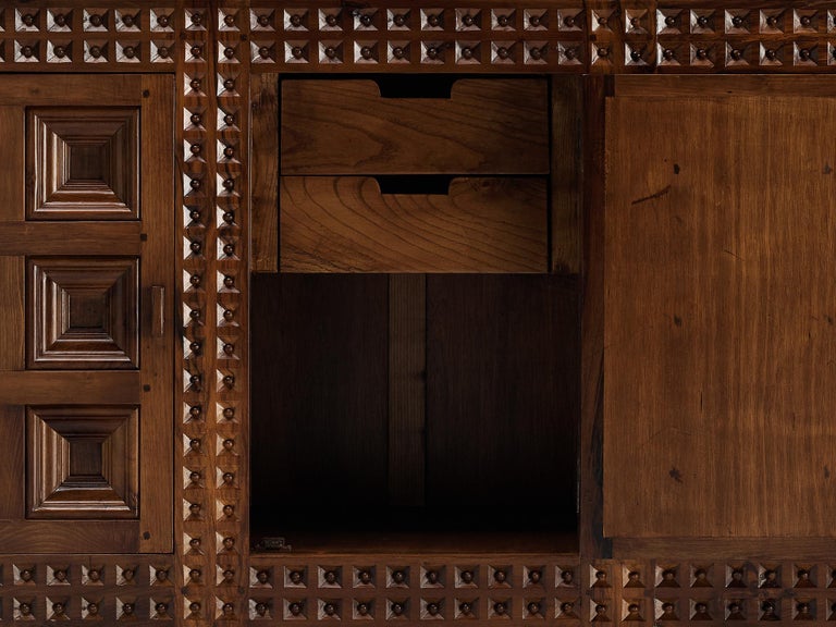 Spanish Brutalist Sideboard with Sophisticated Carvings in Walnut