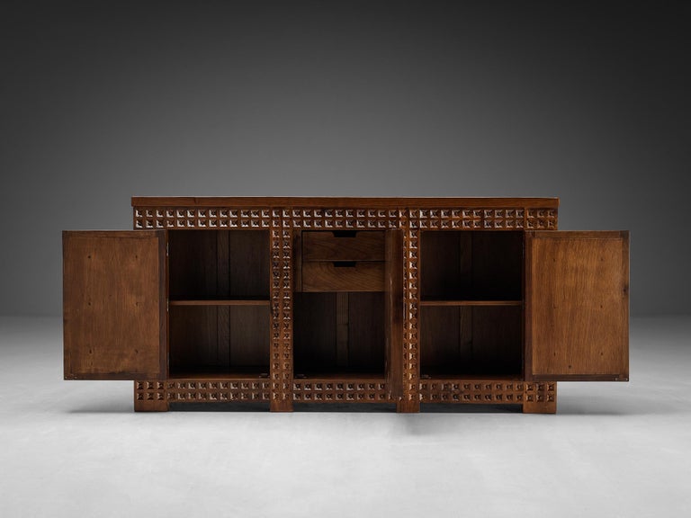 Spanish Brutalist Sideboard with Sophisticated Carvings in Walnut