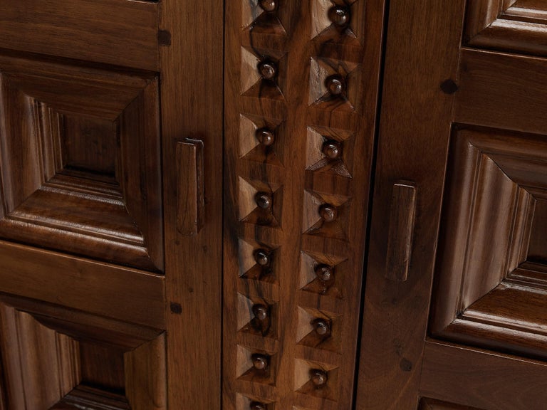 Spanish Brutalist Sideboard with Sophisticated Carvings in Walnut