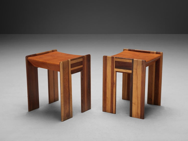 Afra & Tobia Scarpa 'Benetton' Stools in Mixed Wood and Cognac Leather