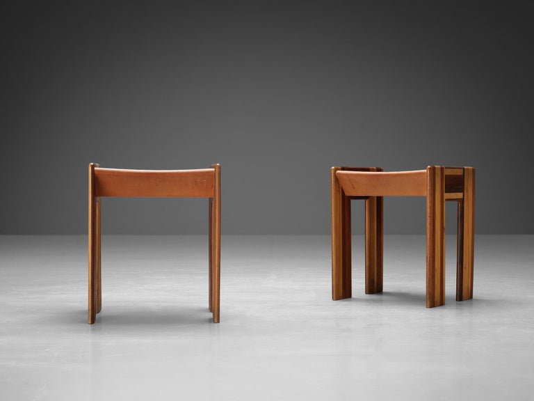 Afra & Tobia Scarpa 'Benetton' Stools in Mixed Wood and Cognac Leather