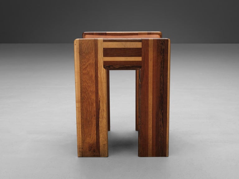 Afra & Tobia Scarpa 'Benetton' Stools in Mixed Wood and Cognac Leather