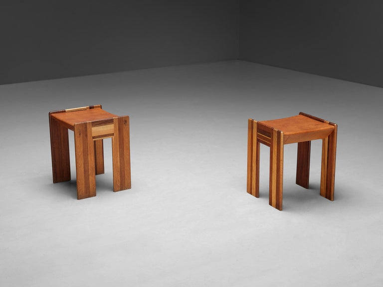 Afra & Tobia Scarpa 'Benetton' Stools in Mixed Wood and Cognac Leather