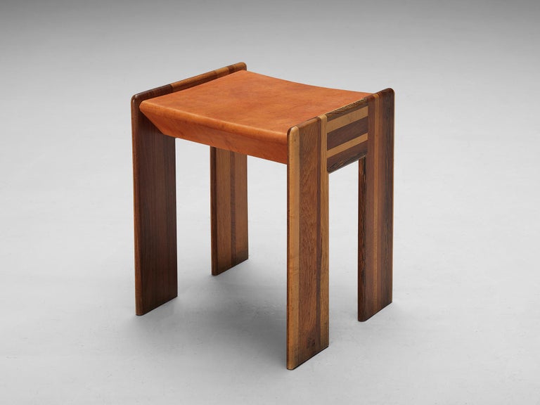 Afra & Tobia Scarpa 'Benetton' Stools in Mixed Wood and Cognac Leather