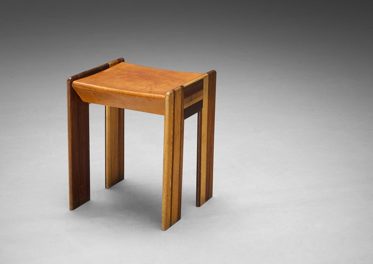 Afra & Tobia Scarpa 'Benetton' Stool in Mixed Wood and Cognac Leather