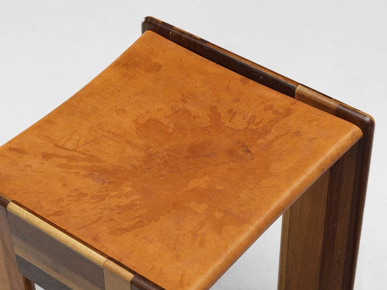 Afra & Tobia Scarpa 'Benetton' Stool in Mixed Wood and Cognac Leather