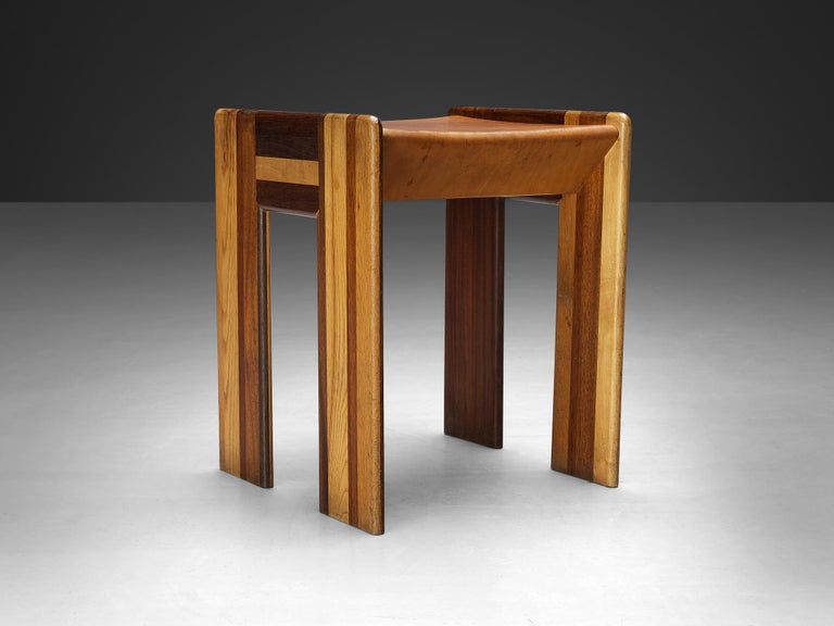 Afra & Tobia Scarpa 'Benetton' Stool in Mixed Wood and Cognac Leather