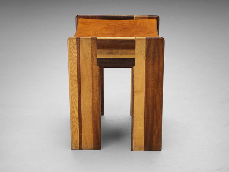 Afra & Tobia Scarpa 'Benetton' Stool in Mixed Wood and Cognac Leather