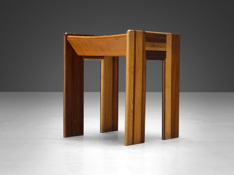 Afra & Tobia Scarpa 'Benetton' Stool in Mixed Wood and Cognac Leather