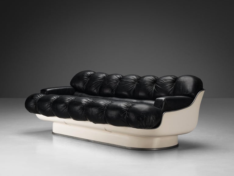 70s Italian Sofa in Fiberglass and Black Leather