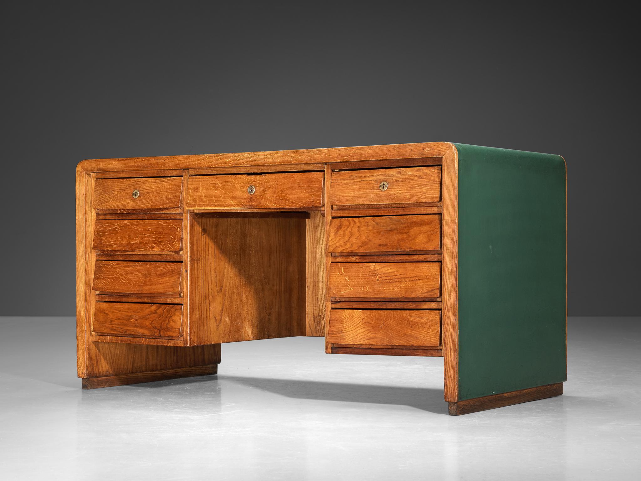 Mid-Century Modern Italian Writing Desk in Oak with Green Top