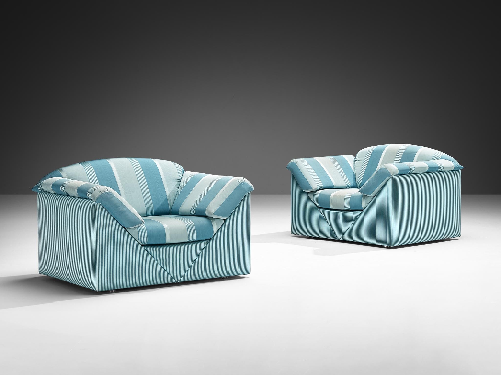 Substantial Lounge Chairs in Delicate Striped Green Blue Upholstery
