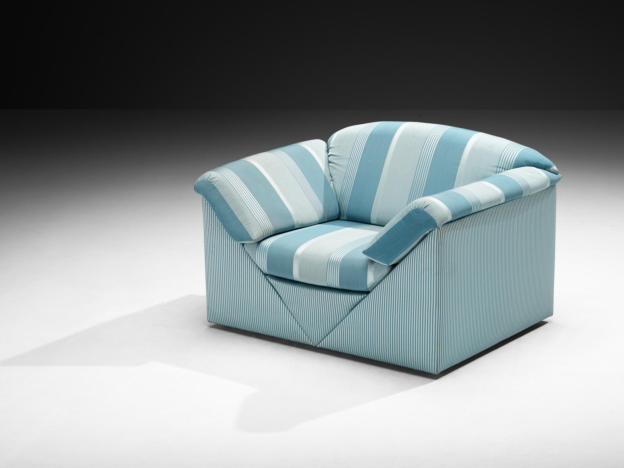 Substantial Lounge Chair in Delicate Striped Green Blue Upholstery