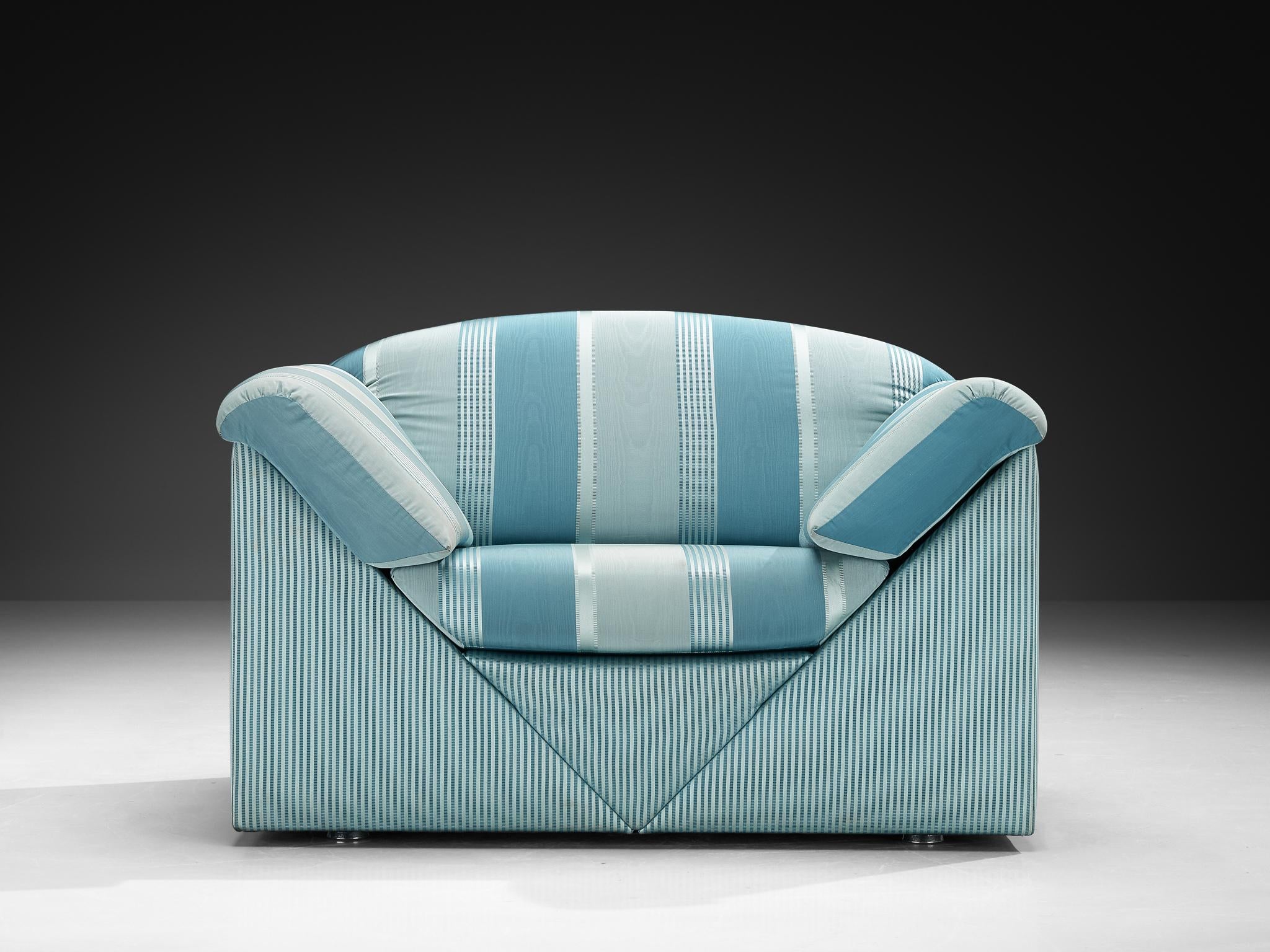 Substantial Lounge Chair in Delicate Striped Green Blue Upholstery