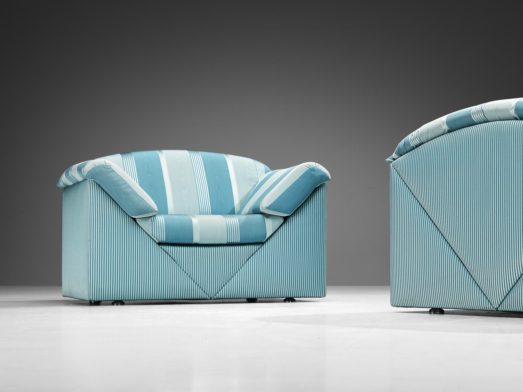 Substantial Lounge Chairs in Delicate Striped Green Blue Upholstery