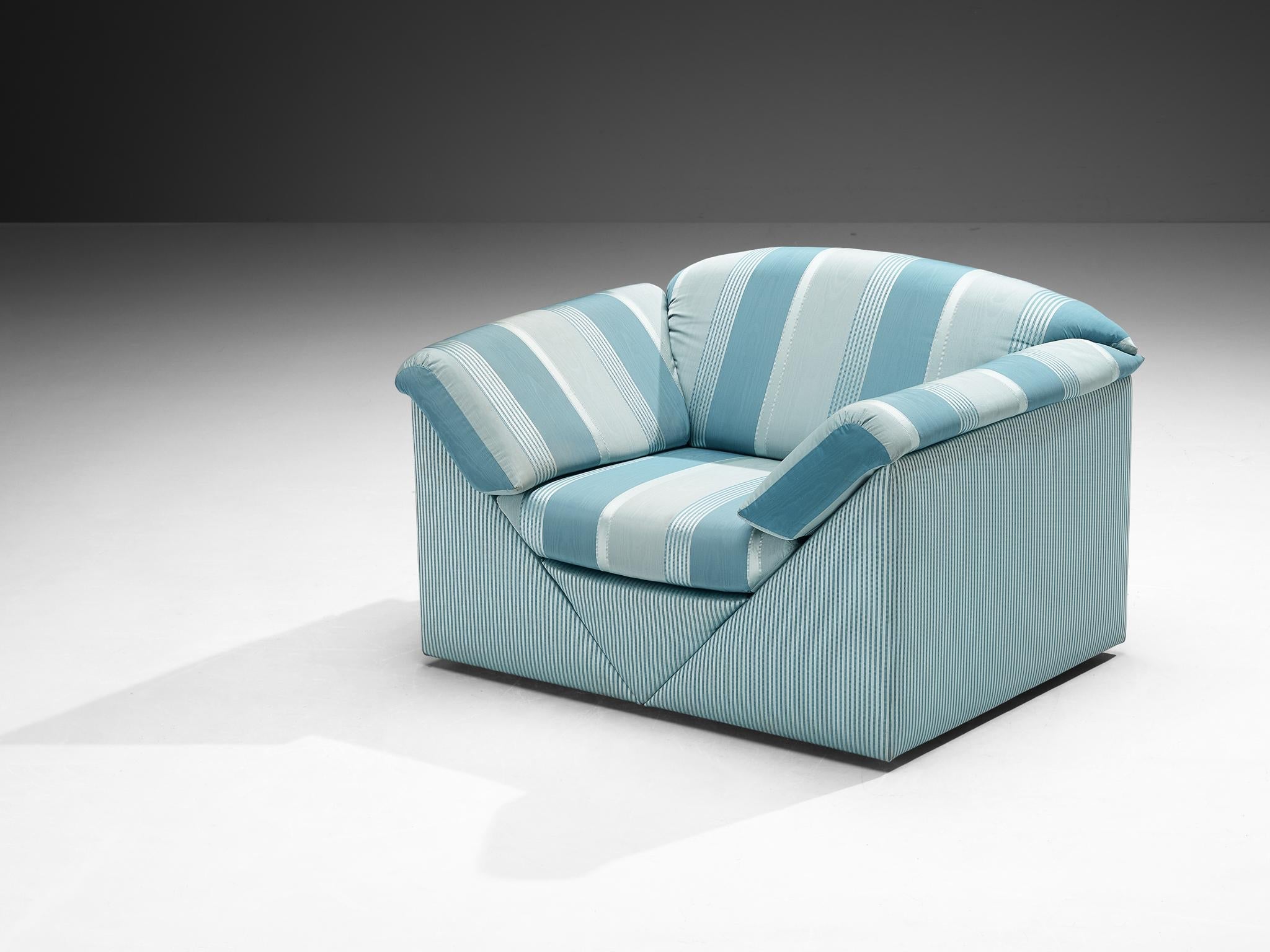 Substantial Lounge Chairs in Delicate Striped Green Blue Upholstery