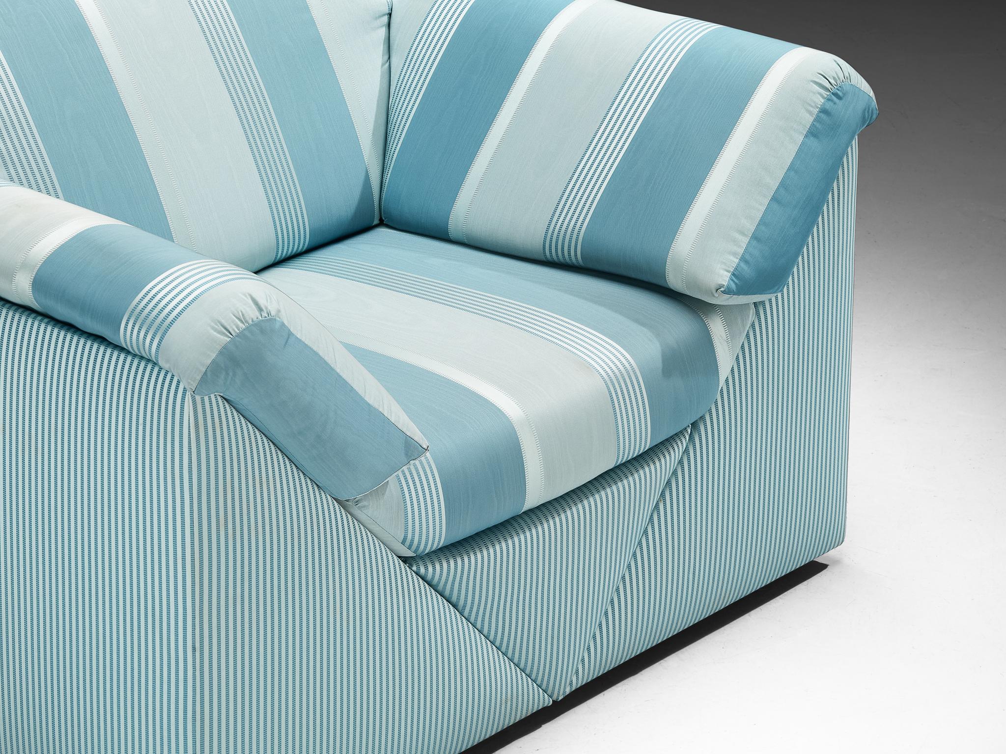 Substantial Lounge Chairs in Delicate Striped Green Blue Upholstery