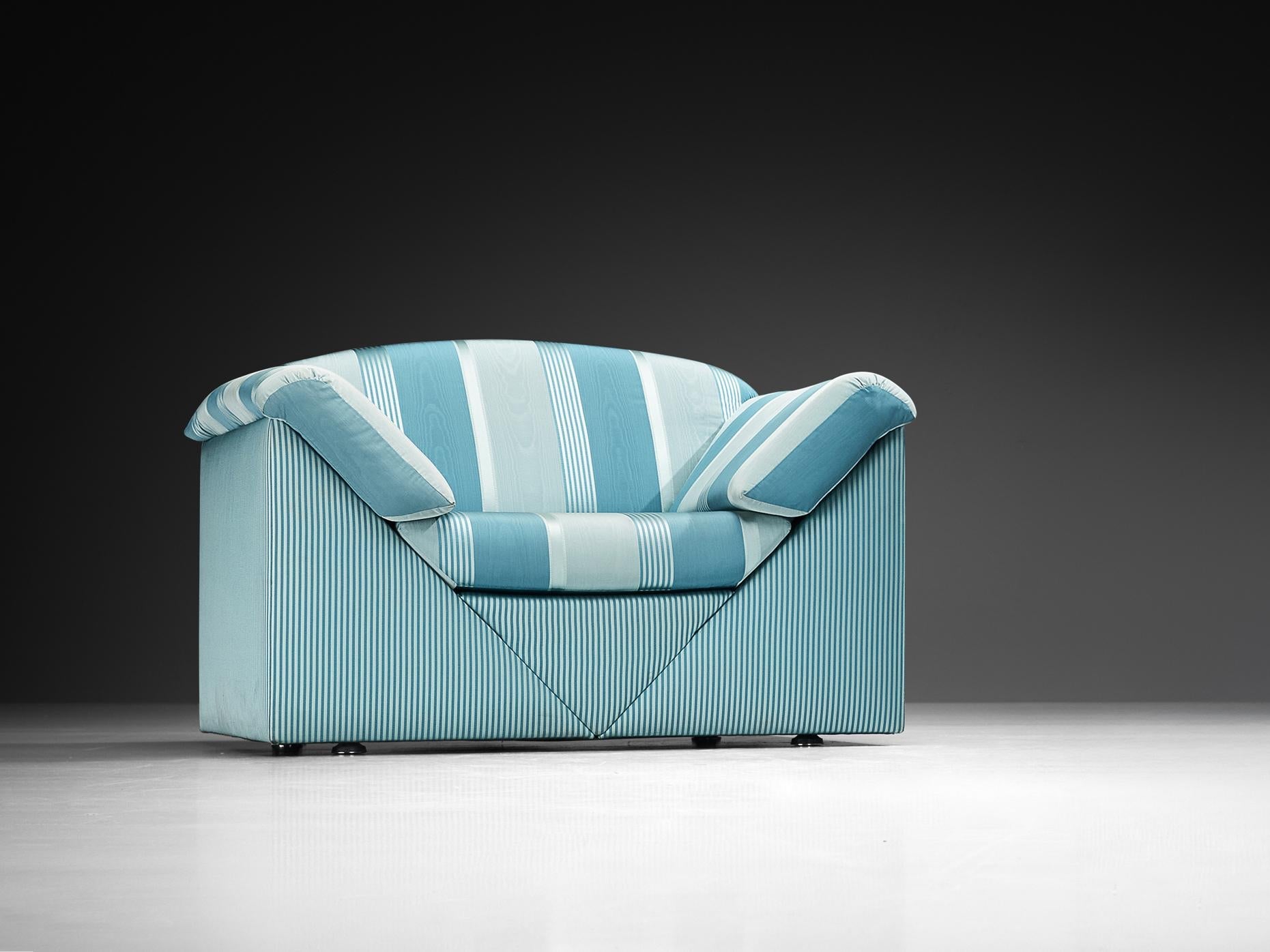 Substantial Lounge Chair in Delicate Striped Green Blue Upholstery