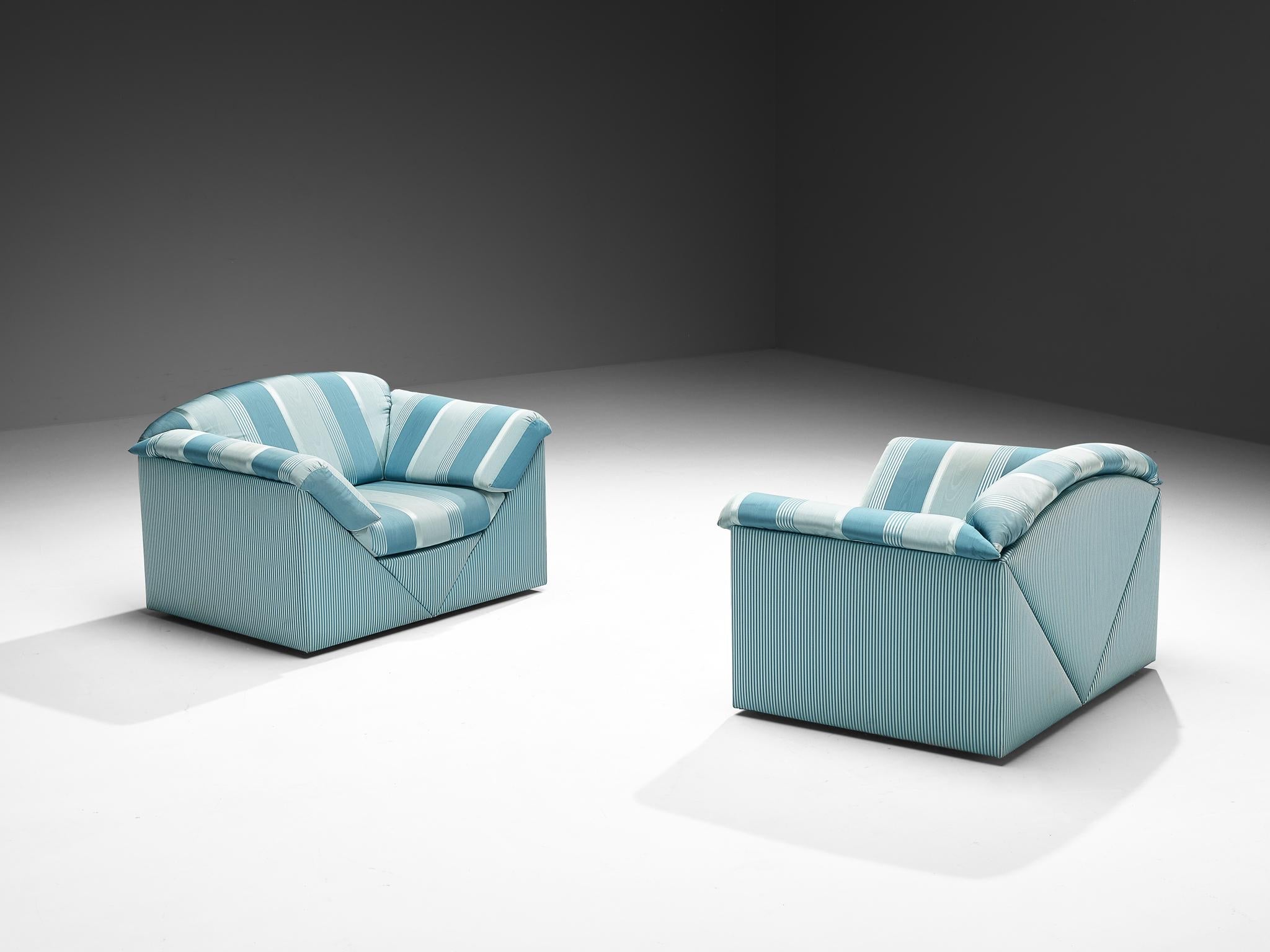 Substantial Lounge Chairs in Delicate Striped Green Blue Upholstery