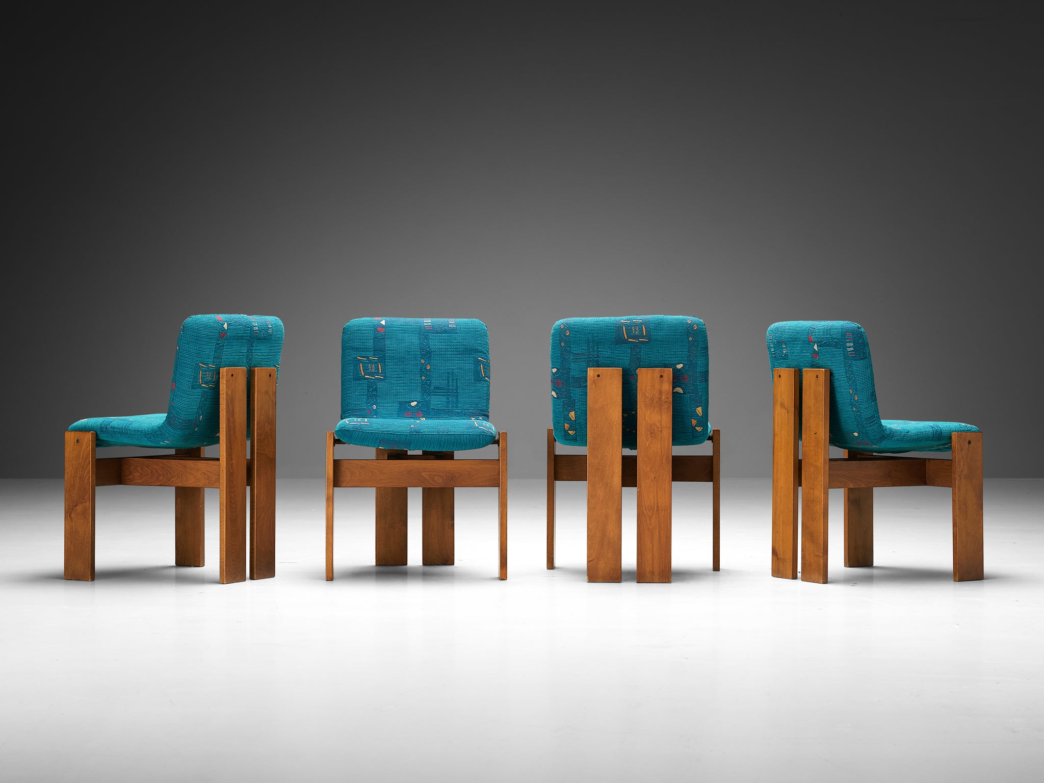 Set of Four Italian Dining Chairs in Wood and Turquoise Upholstery