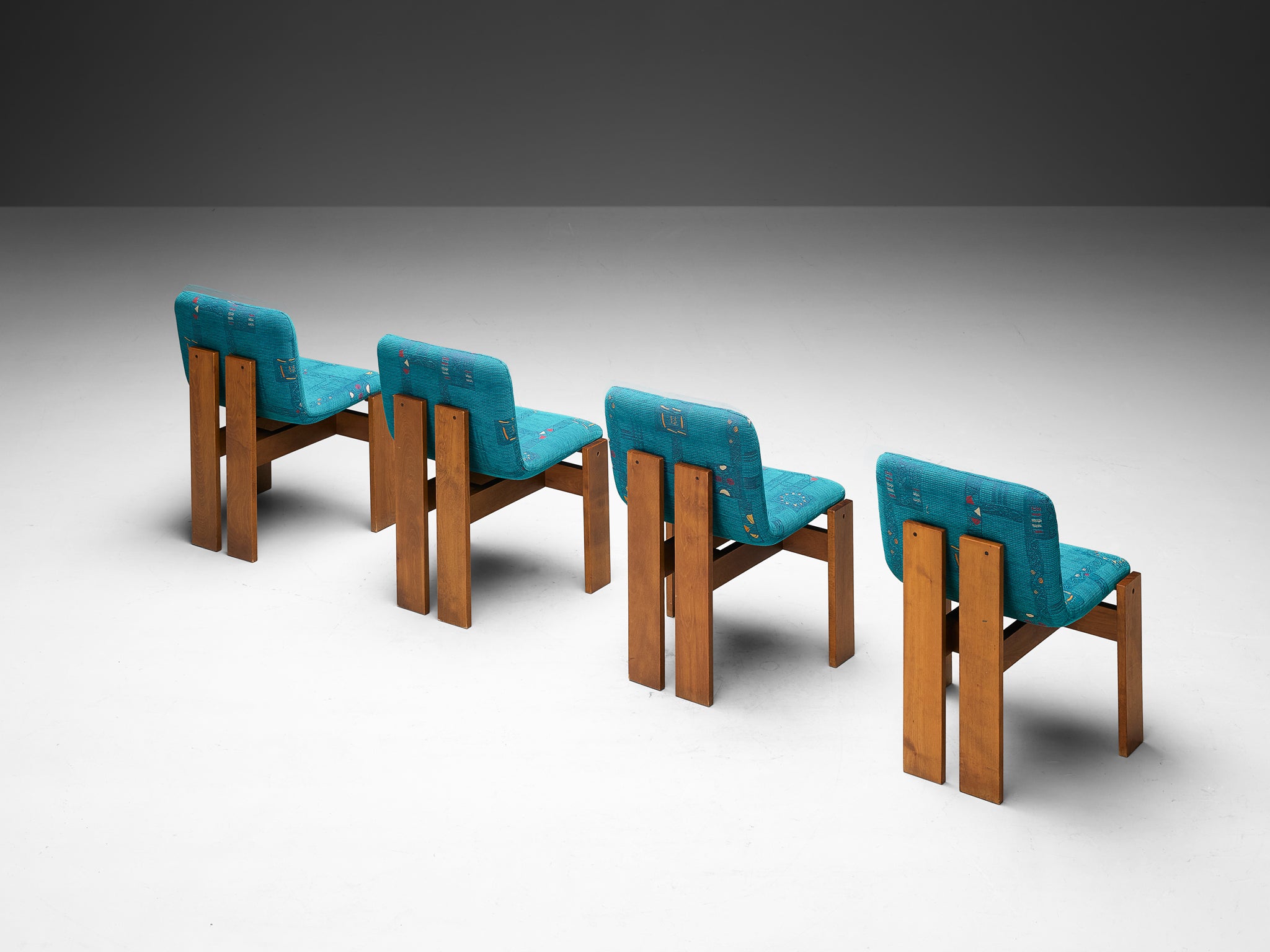 Set of Four Italian Dining Chairs in Wood and Turquoise Upholstery