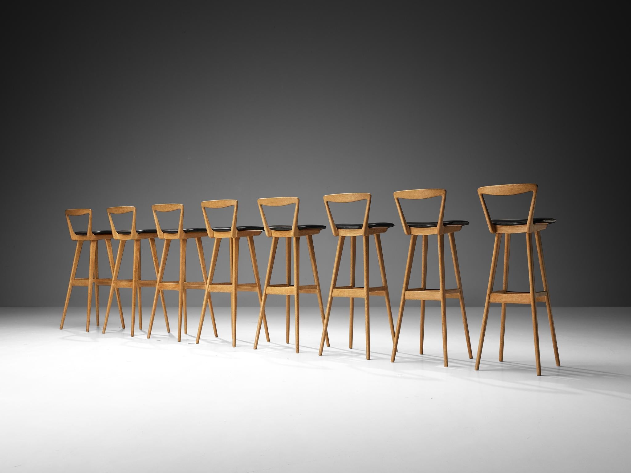 Henry Rosengren Hansen Set of Eight Bar Stools in Oak and Black Upholstery