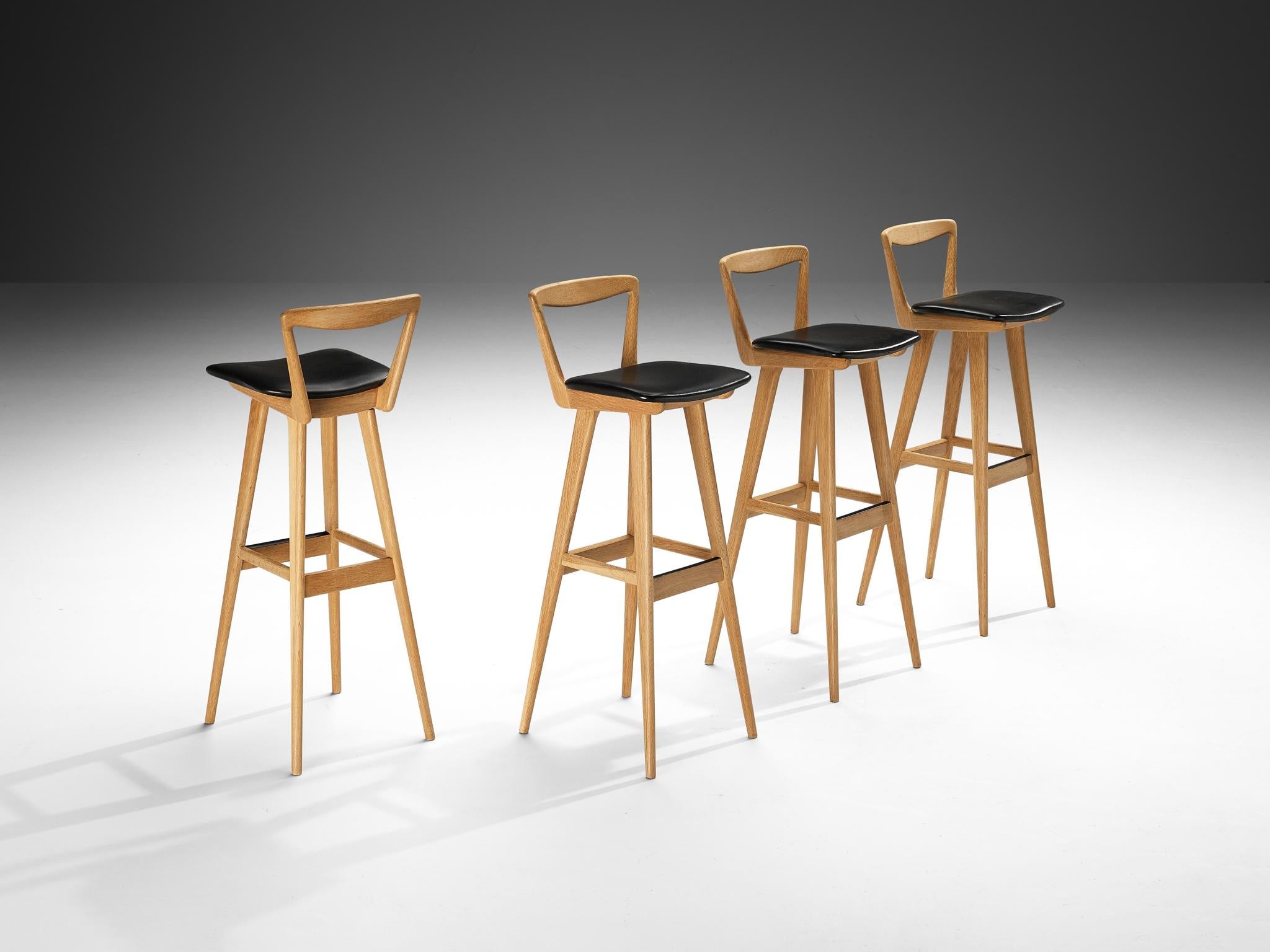 Henry Rosengren Hansen Set of Eight Bar Stools in Oak and Black Upholstery