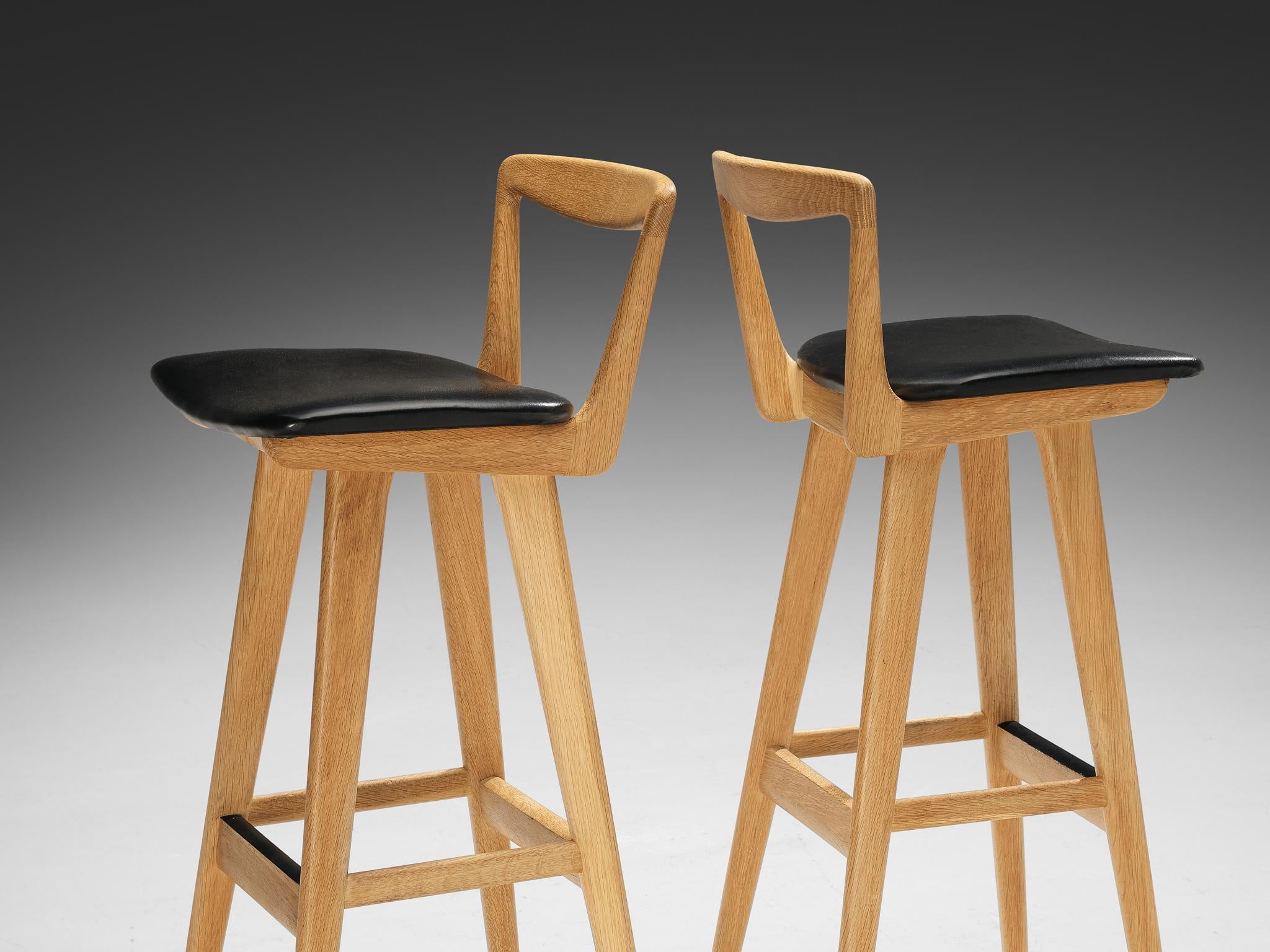 Henry Rosengren Hansen Set of Eight Bar Stools in Oak and Black Upholstery