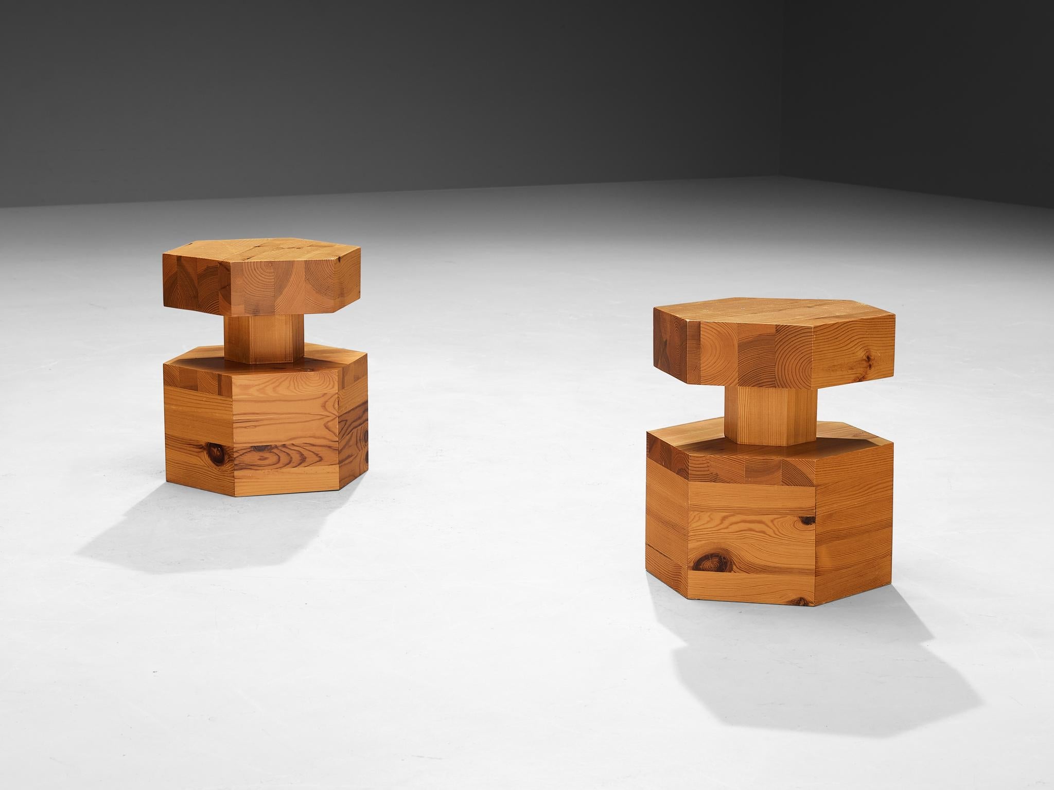 Pair of Hexagonal Side Tables in Solid Pine