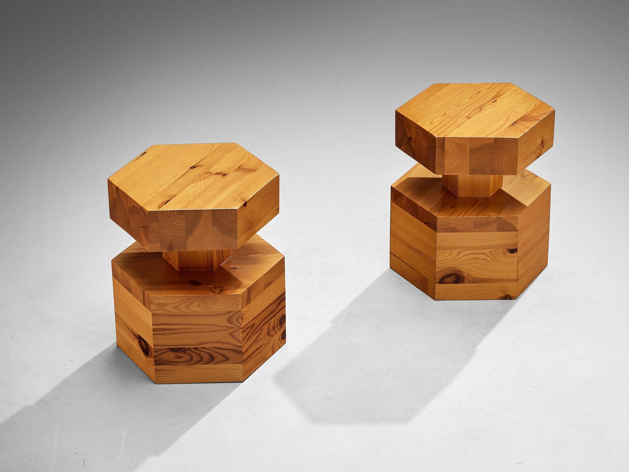 Pair of Hexagonal Side Tables in Solid Pine