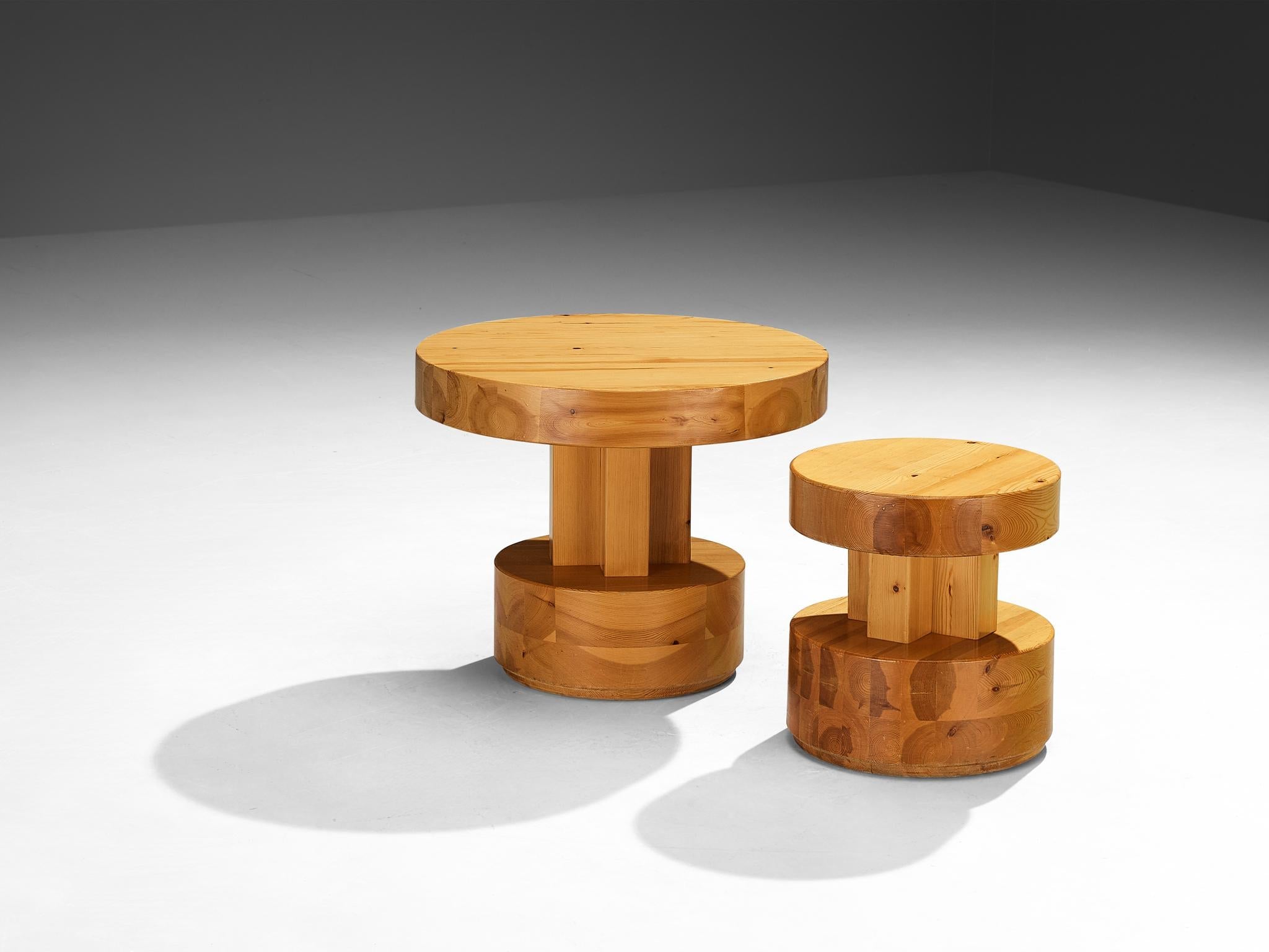 1970s Round High and Low Side Tables in Solid Pine