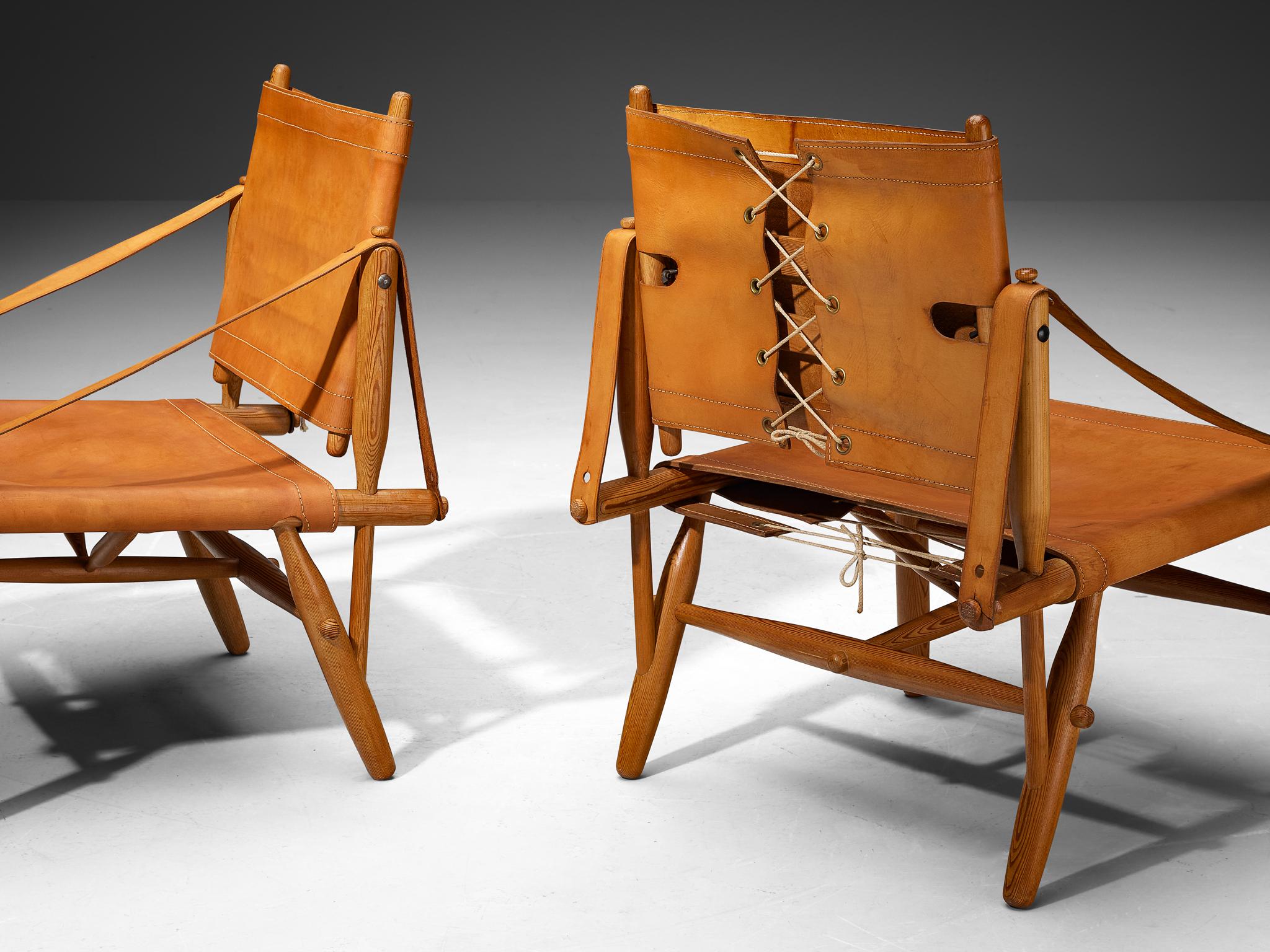 Rare Ilmari Tapiovaara for Lukkiseppo 'Chaco' Lounge Chairs Cognac Leather