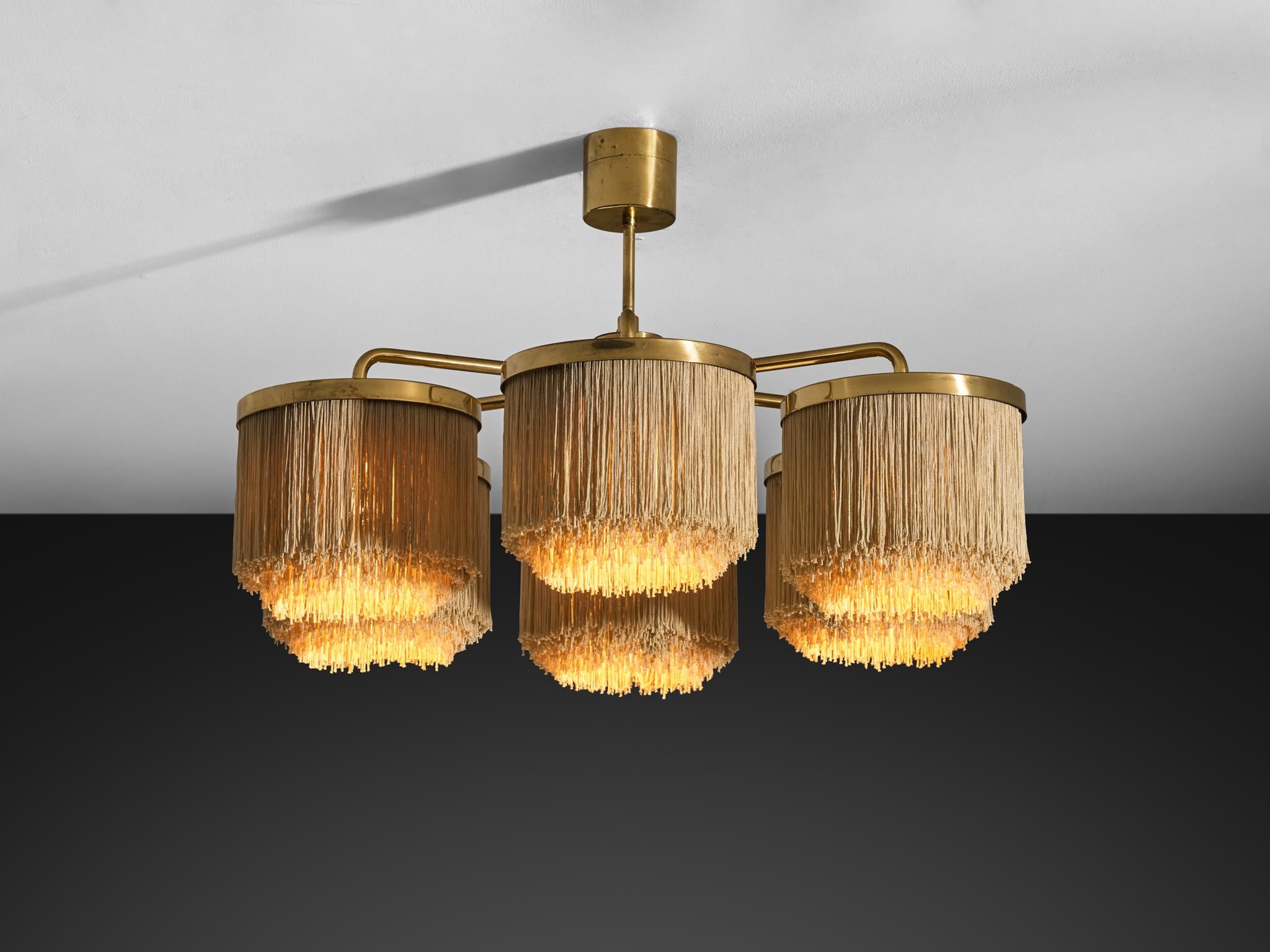 Hans-Agne Jakobsson Chandelier in Brass with Beige Silk Fringes