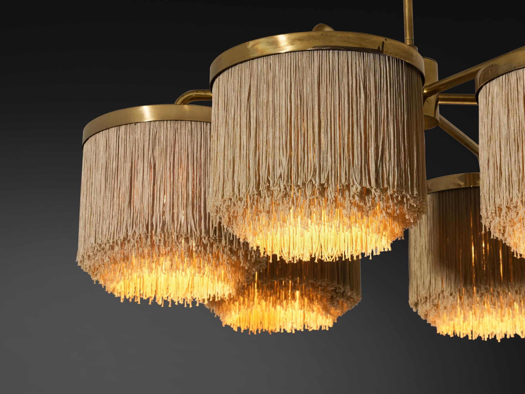 Hans-Agne Jakobsson Chandelier in Brass with Beige Silk Fringes